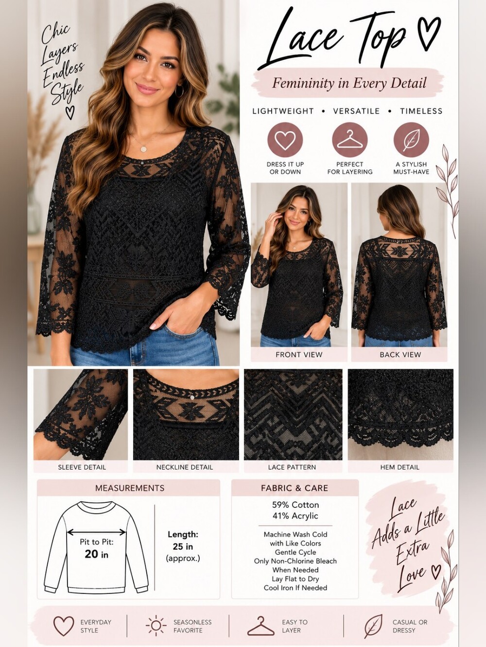 Black Lace Layered Women's Top